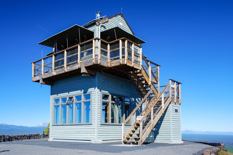 Lava Butte fire lookout with its wraparound windows and exterior staircase